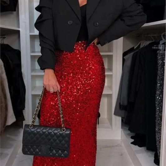 Spring Glitter Sequin Shiny Skirts For Women Club Party Elegant High Waist Slim A-Line Long Skirt Sexy Streetwear Ladies Skirts