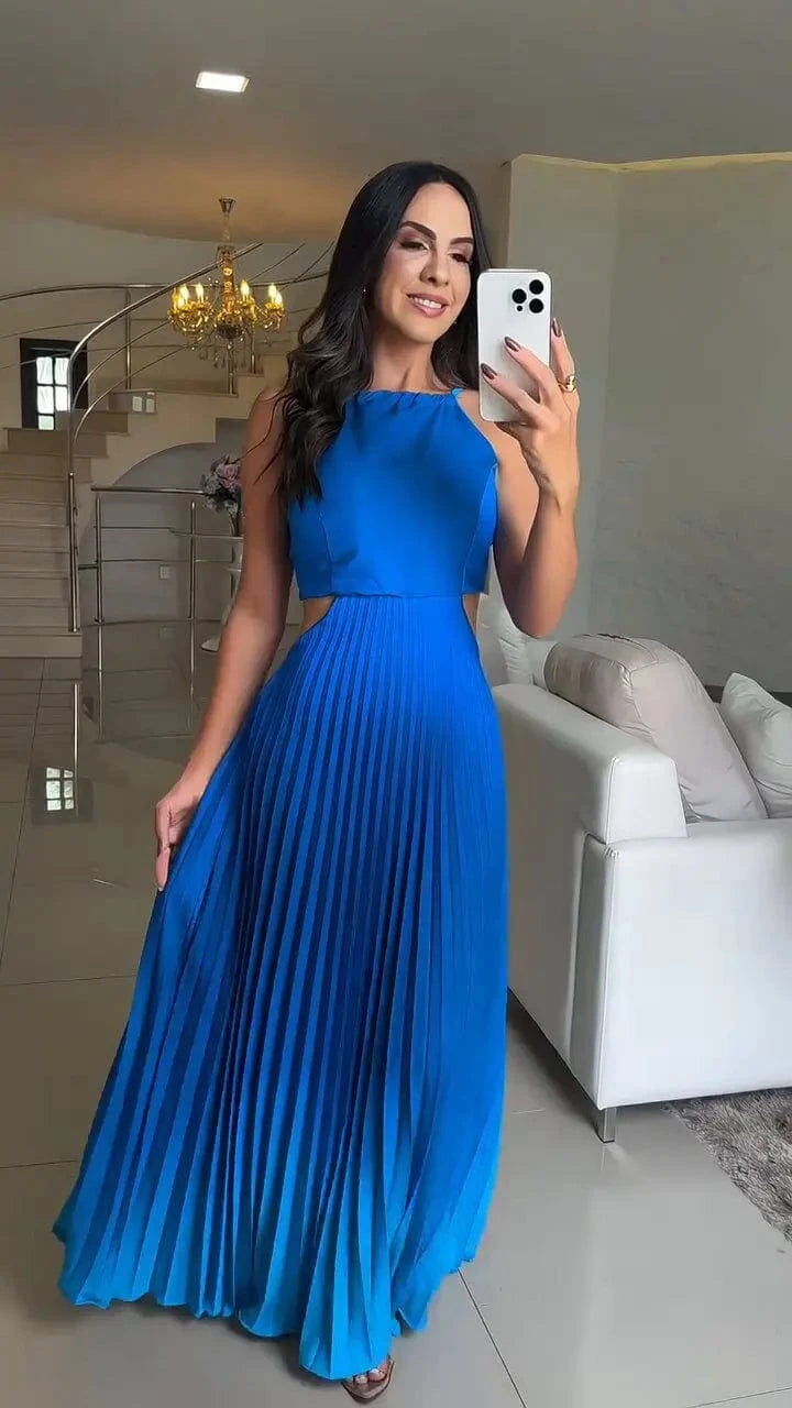 Spring Gradient Print Pleated Dresses Woman 2025 New Halter Tie-up Backless Long Dress Summer Sleeveless Hollow Party Dress