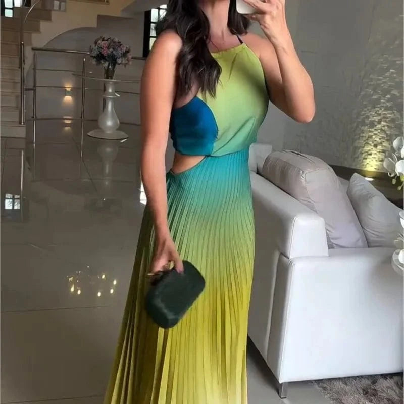 Spring Gradient Print Pleated Dresses Woman 2025 New Halter Tie-up Backless Long Dress Summer Sleeveless Hollow Party Dress