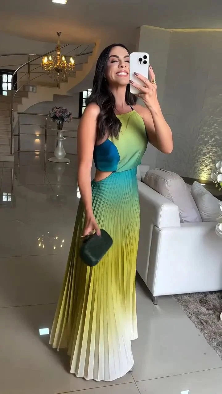 Spring Gradient Print Pleated Dresses Woman 2025 New Halter Tie-up Backless Long Dress Summer Sleeveless Hollow Party Dress