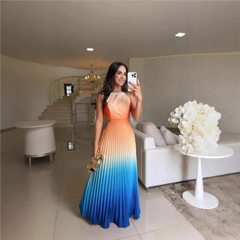 Spring Gradient Print Pleated Dresses Woman 2025 New Halter Tie-up Backless Long Dress Summer Sleeveless Hollow Party Dress