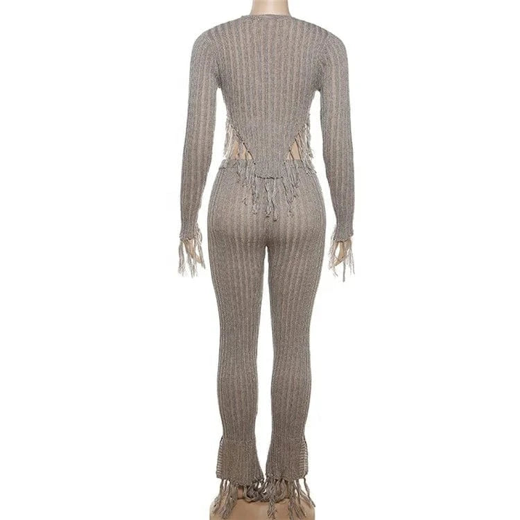 Spring Gray Tassel Knitted 2 Two Piece Sets Casual Outfit For Women 2024 Long Sleeve Zipper Up Cardigan Pants Sets