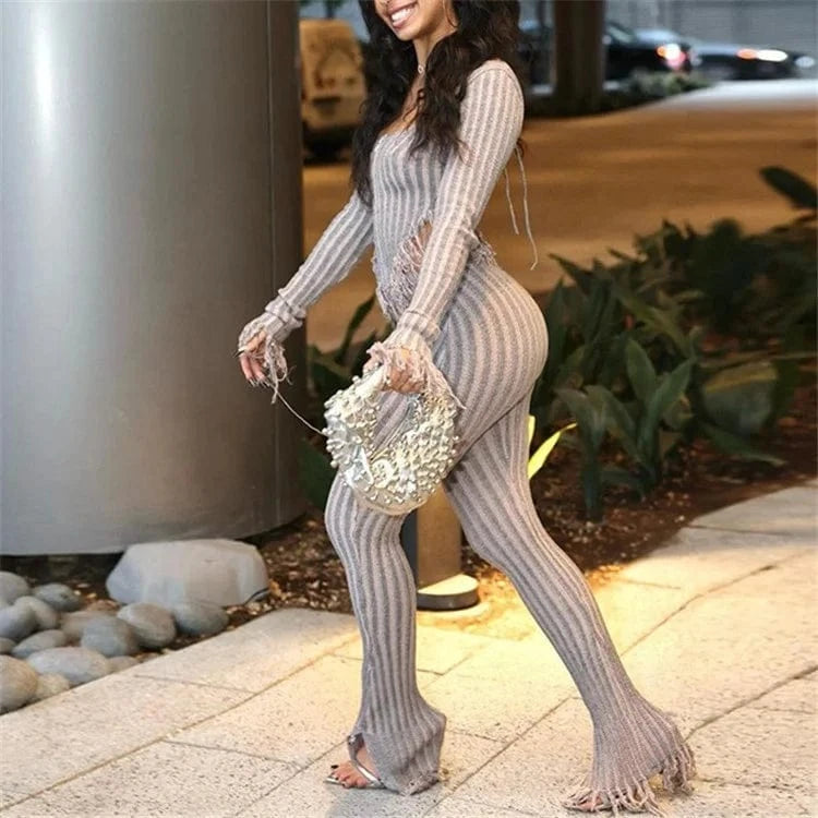 Spring Gray Tassel Knitted 2 Two Piece Sets Casual Outfit For Women 2024 Long Sleeve Zipper Up Cardigan Pants Sets