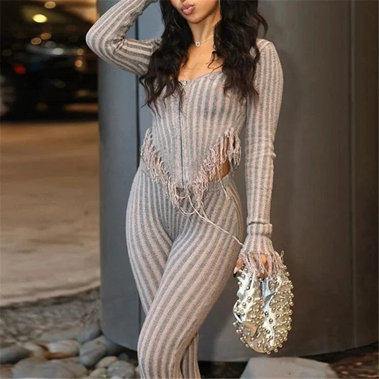 Spring Gray Tassel Knitted 2 Two Piece Sets Casual Outfit For Women 2024 Long Sleeve Zipper Up Cardigan Pants Sets