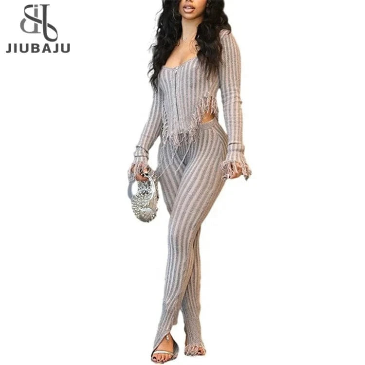 Spring Gray Tassel Knitted 2 Two Piece Sets Casual Outfit For Women 2024 Long Sleeve Zipper Up Cardigan Pants Sets