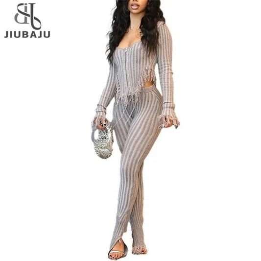 Spring Gray Tassel Knitted 2 Two Piece Sets Casual Outfit For Women 2024 Long Sleeve Zipper Up Cardigan Pants Sets