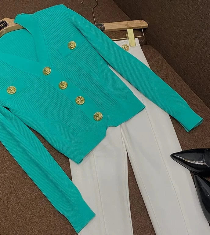 Spring New Arrival 2024 All-match V-neck High Quality Single-breaseted Long Sleeve Sweater Knitted Slim Short Cardigan