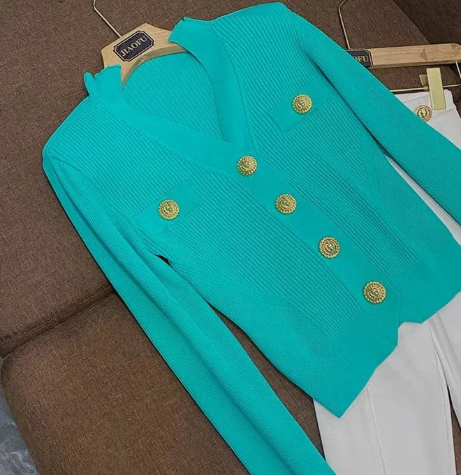 Spring New Arrival 2024 All-match V-neck High Quality Single-breaseted Long Sleeve Sweater Knitted Slim Short Cardigan