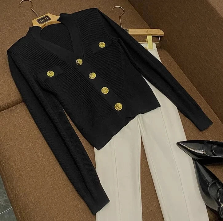 Spring New Arrival 2024 All-match V-neck High Quality Single-breaseted Long Sleeve Sweater Knitted Slim Short Cardigan