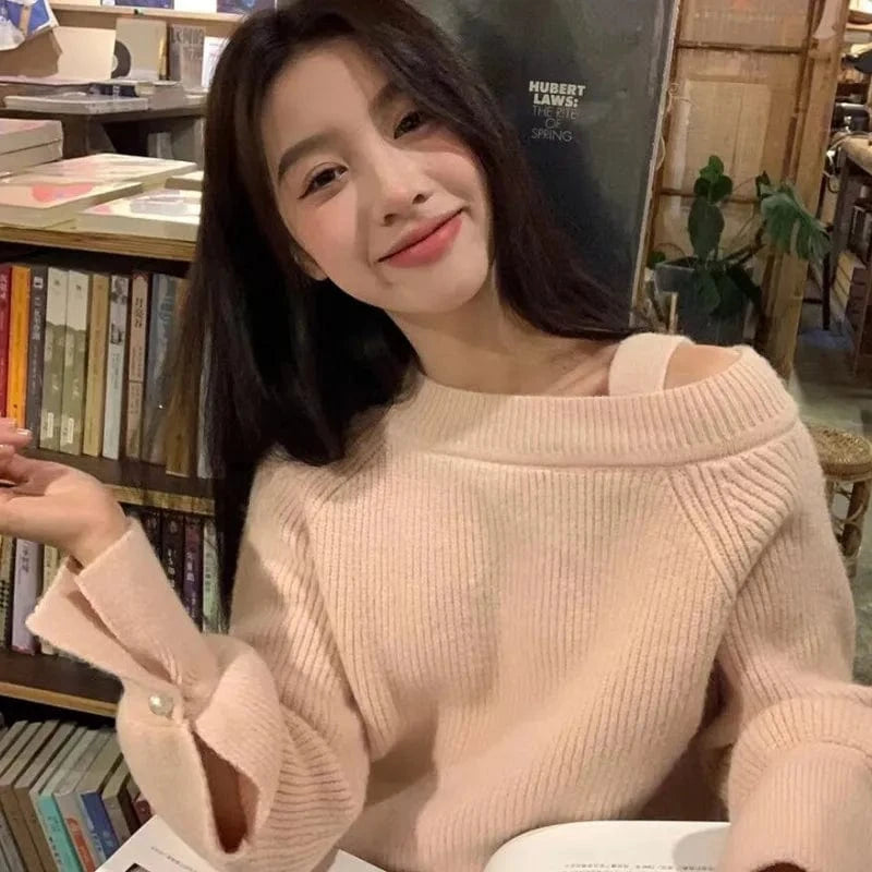 Spring new arrival high-quality best-selling square collar long sleeve loose sexy fashion ladies boutique solid color sweater