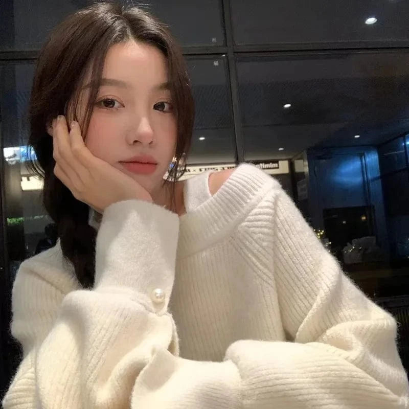 Spring new arrival high-quality best-selling square collar long sleeve loose sexy fashion ladies boutique solid color sweater