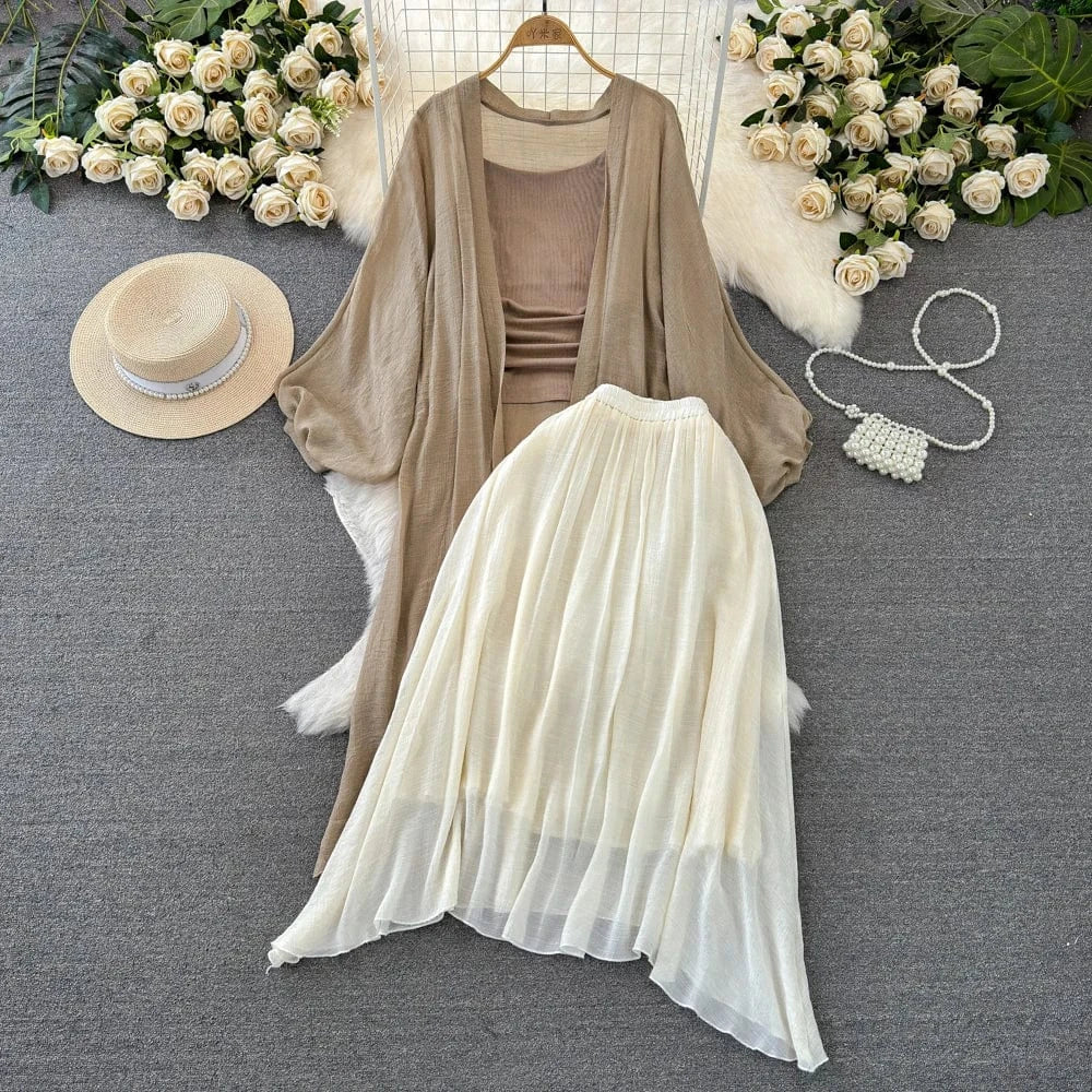 Spring New Sunscreen Cardigan Knitted Camisole Vest High Waist Slimming A-line Skirt Women's Set