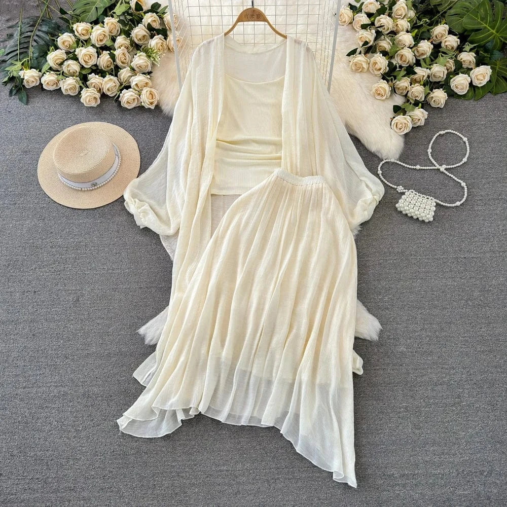 Spring New Sunscreen Cardigan Knitted Camisole Vest High Waist Slimming A-line Skirt Women's Set