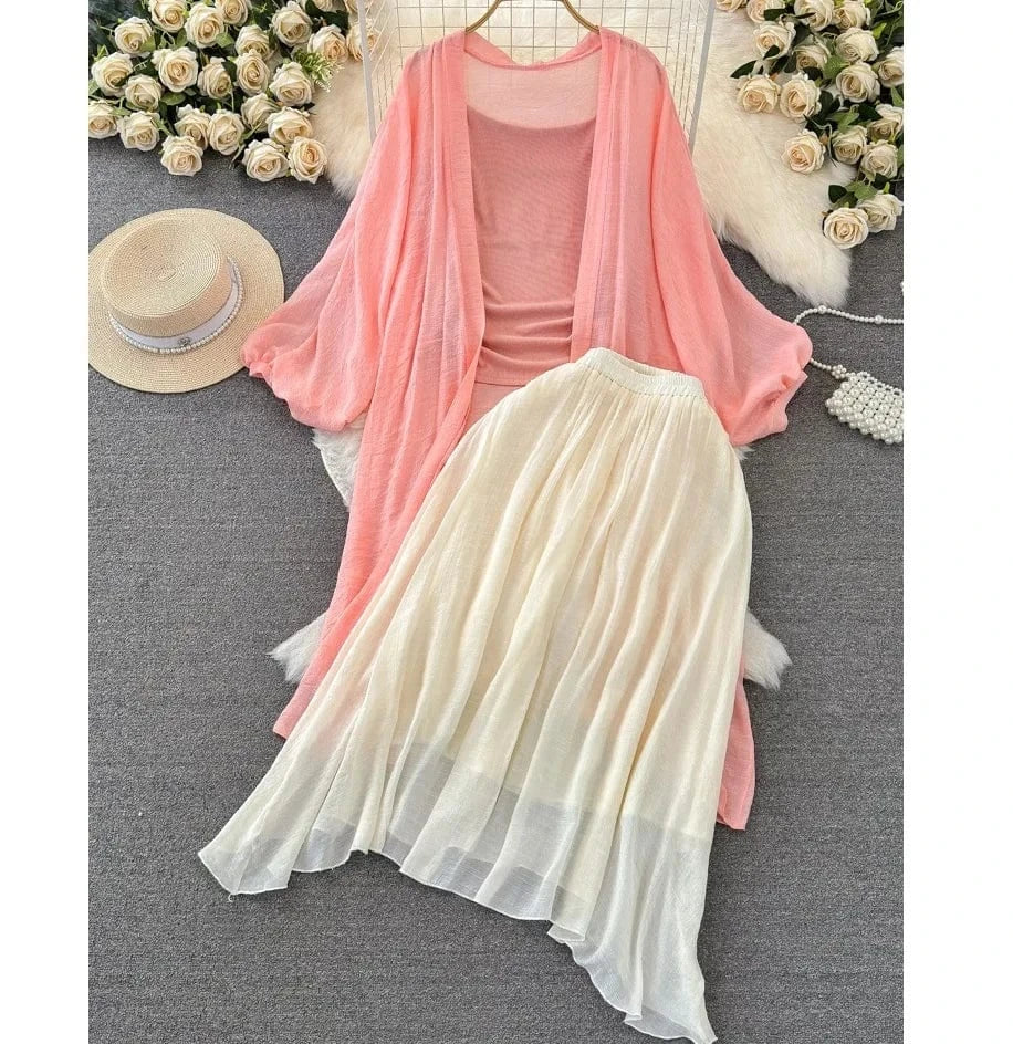 Spring New Sunscreen Cardigan Knitted Camisole Vest High Waist Slimming A-line Skirt Women's Set