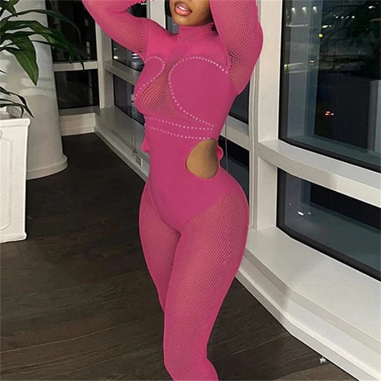 Spring Sexy Long Sleeve Rhinestone Patchwork Mesh See Through Bodycon Black Jumpsuit Overall One Piece Outfit For Women