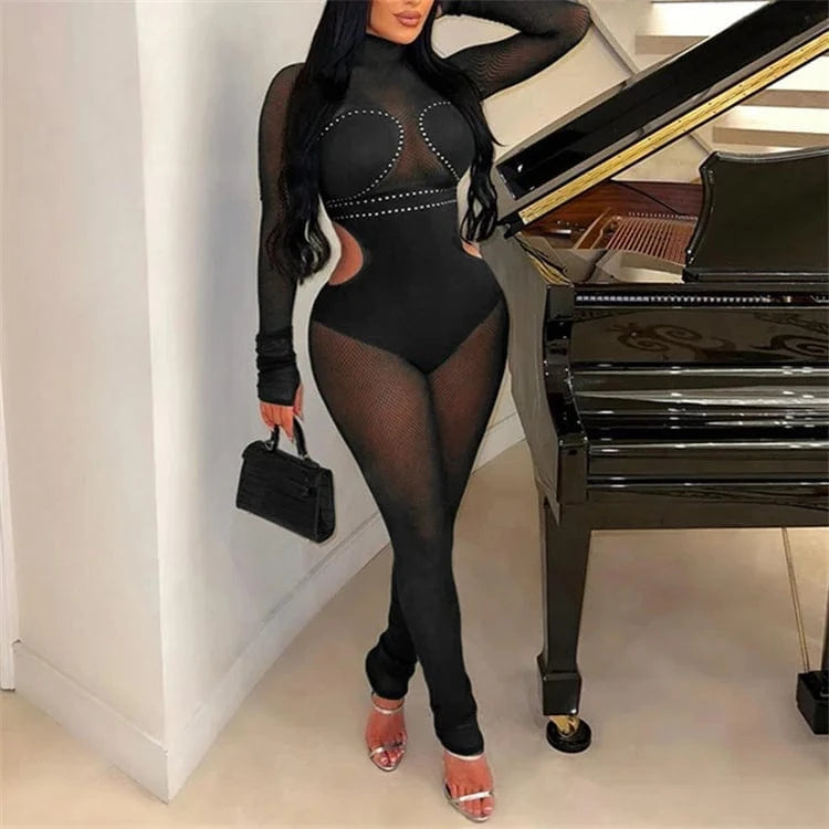 Spring Sexy Long Sleeve Rhinestone Patchwork Mesh See Through Bodycon Black Jumpsuit Overall One Piece Outfit For Women
