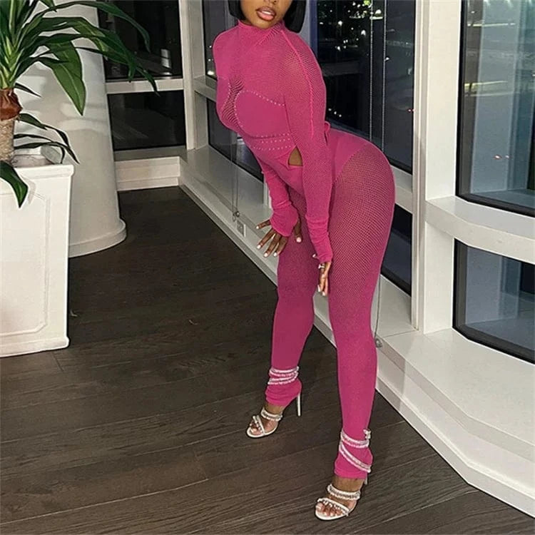 Spring Sexy Long Sleeve Rhinestone Patchwork Mesh See Through Bodycon Black Jumpsuit Overall One Piece Outfit For Women