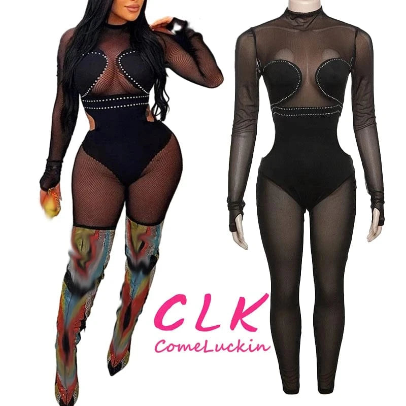 Spring Sexy Long Sleeve Rhinestone Patchwork Mesh See Through Bodycon Black Jumpsuit Overall One Piece Outfit For Women