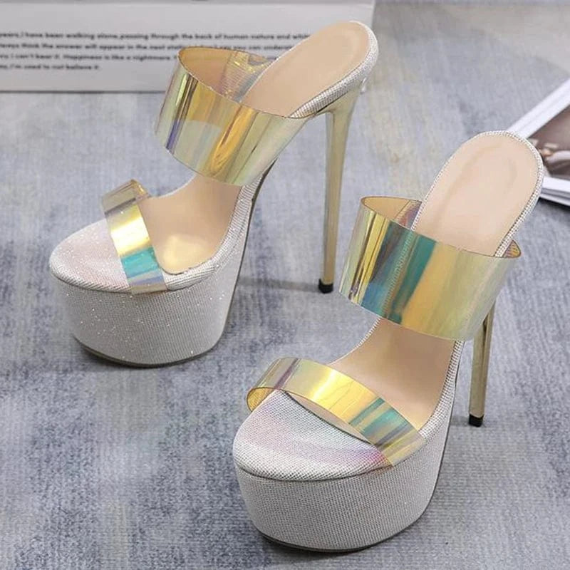 Spring Slip-On Rome Concise Mixed Colors Summer Fashion Party Head 2023PVC Bling Women High Heel Stiletto Platform Sandals Shoes