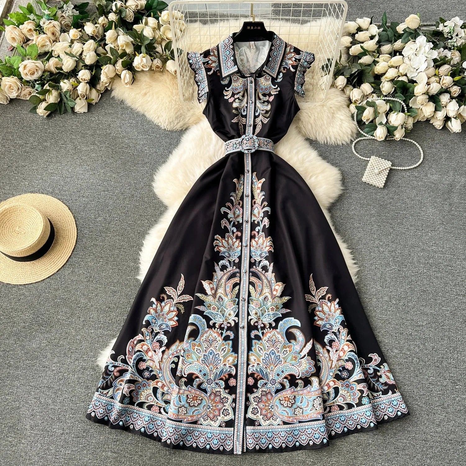 Spring / Summer 2024 Lapel Sleeveless Print Long Dress