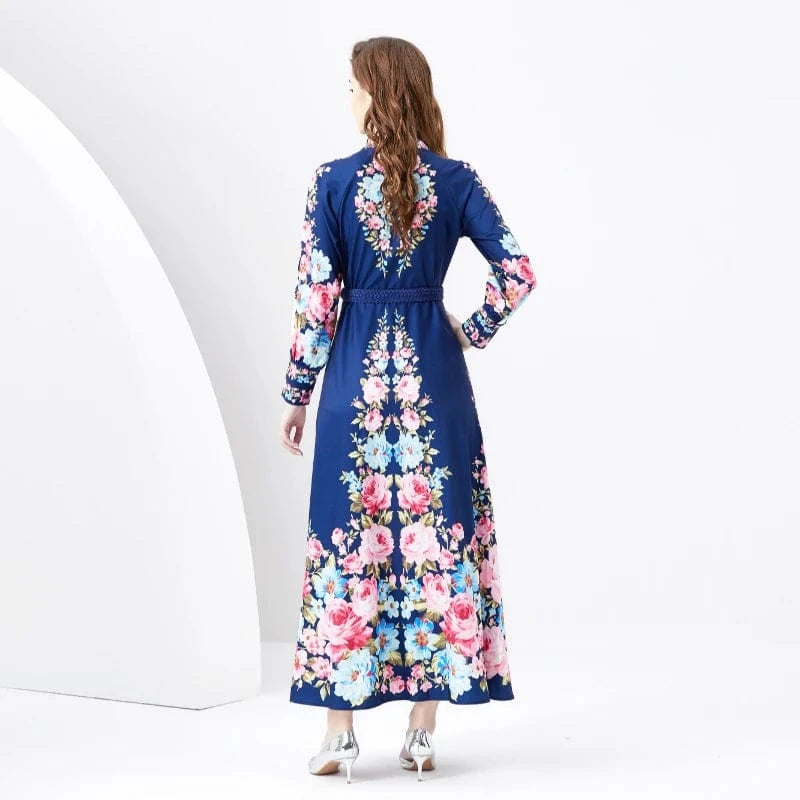 Spring/Summer 2024- Resort style retro stand up collar single breasted lantern sleeve printed wide hem long dress KL6232080