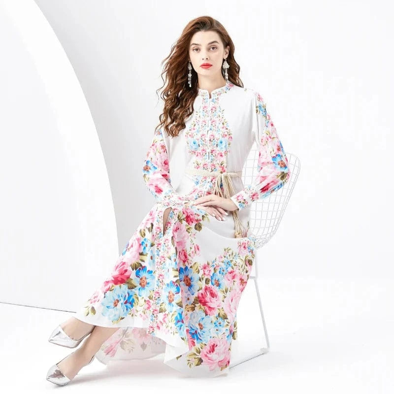 Spring/Summer 2024- Resort style retro stand up collar single breasted lantern sleeve printed wide hem long dress KL6232080