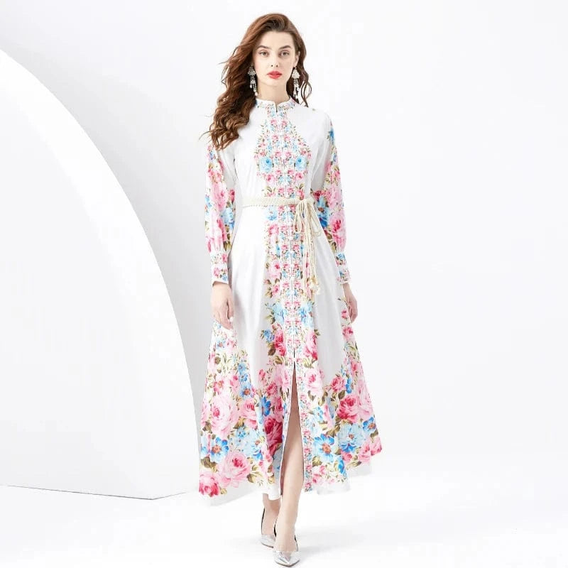 Spring/Summer 2024- Resort style retro stand up collar single breasted lantern sleeve printed wide hem long dress KL6232080