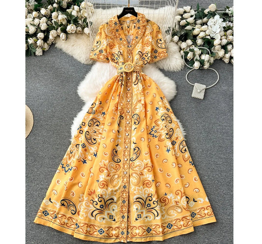 Spring / Summer 2024 Vintage V-neck Small Flying Sleeve Long Print Dress