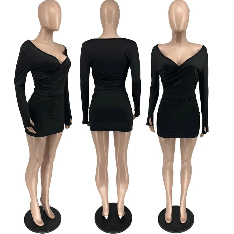 spring summer 2024 women ladies knitted club wear sexy long sleeve pleated bodycon solid color deep v neck mini dress with slit