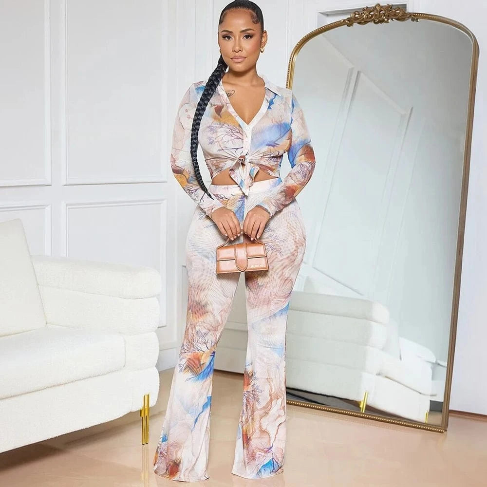 Spring Summer 2025 Women Clothing Mesh Tie Dye Print Long Sleeve Lace-up Shirts and Flared Pants Suit Women's Casual 2 Piece Set