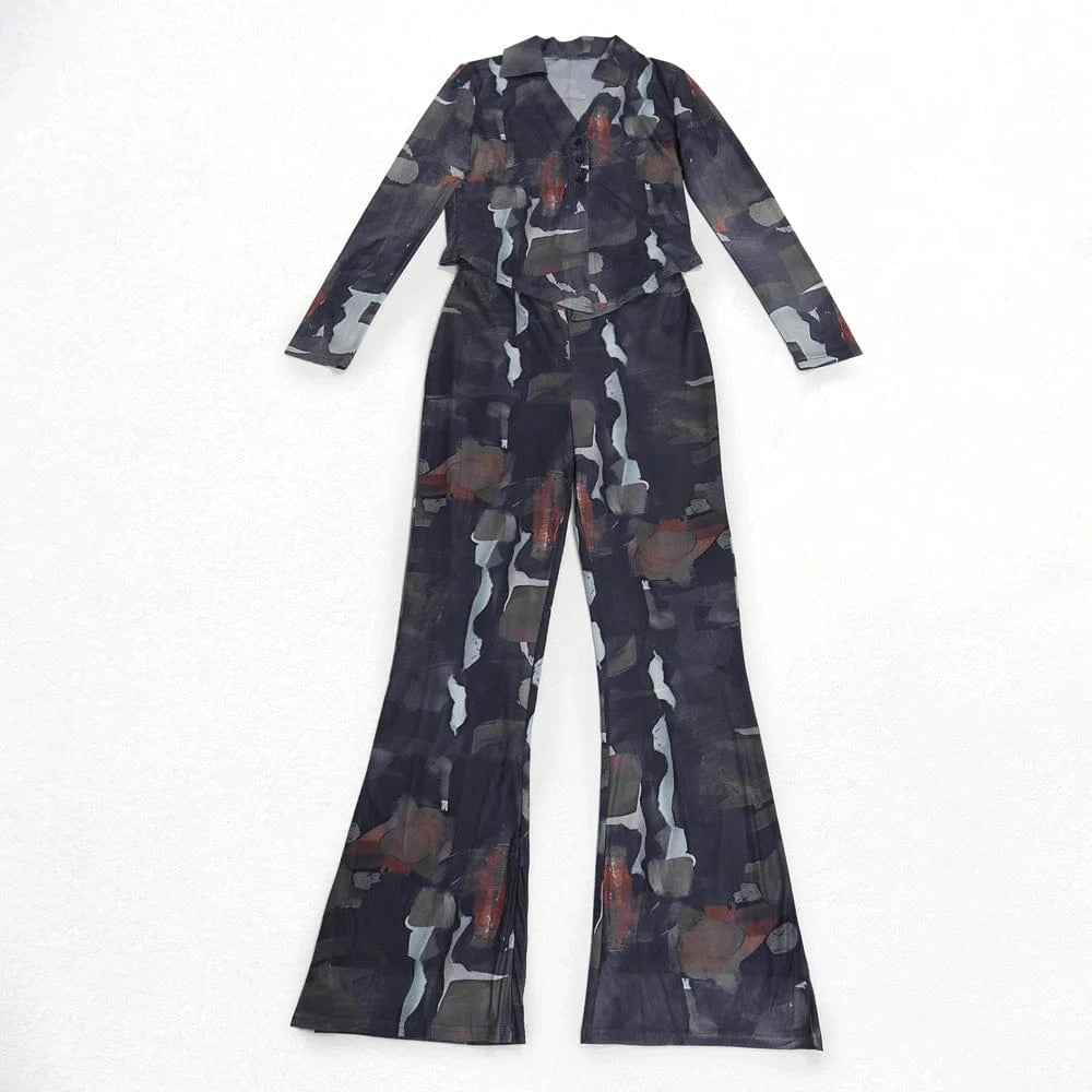 Spring Summer 2025 Women Clothing Mesh Tie Dye Print Long Sleeve Lace-up Shirts and Flared Pants Suit Women's Casual 2 Piece Set