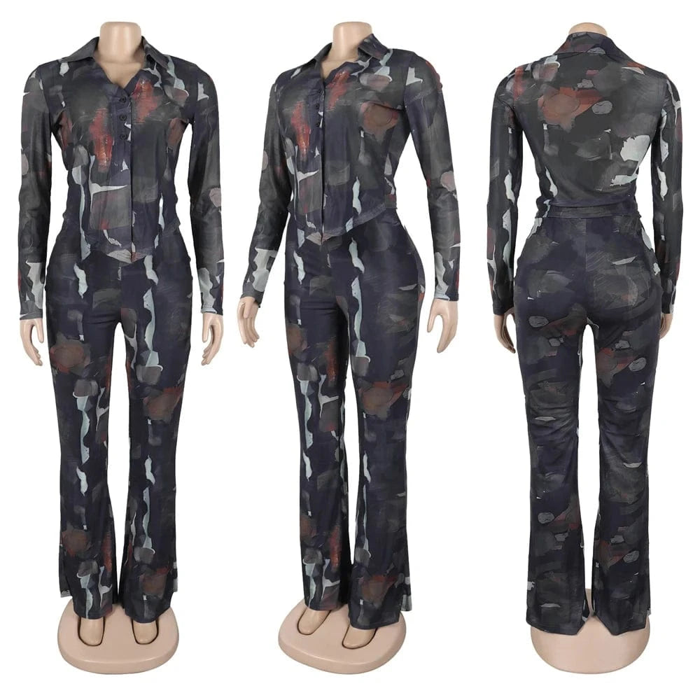 Spring Summer 2025 Women Clothing Mesh Tie Dye Print Long Sleeve Lace-up Shirts and Flared Pants Suit Women's Casual 2 Piece Set