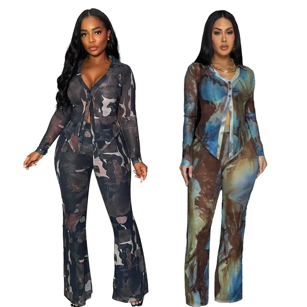 Spring Summer 2025 Women Clothing Mesh Tie Dye Print Long Sleeve Lace-up Shirts and Flared Pants Suit Women's Casual 2 Piece Set