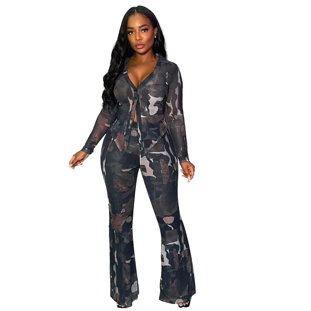 Spring Summer 2025 Women Clothing Mesh Tie Dye Print Long Sleeve Lace-up Shirts and Flared Pants Suit Women's Casual 2 Piece Set