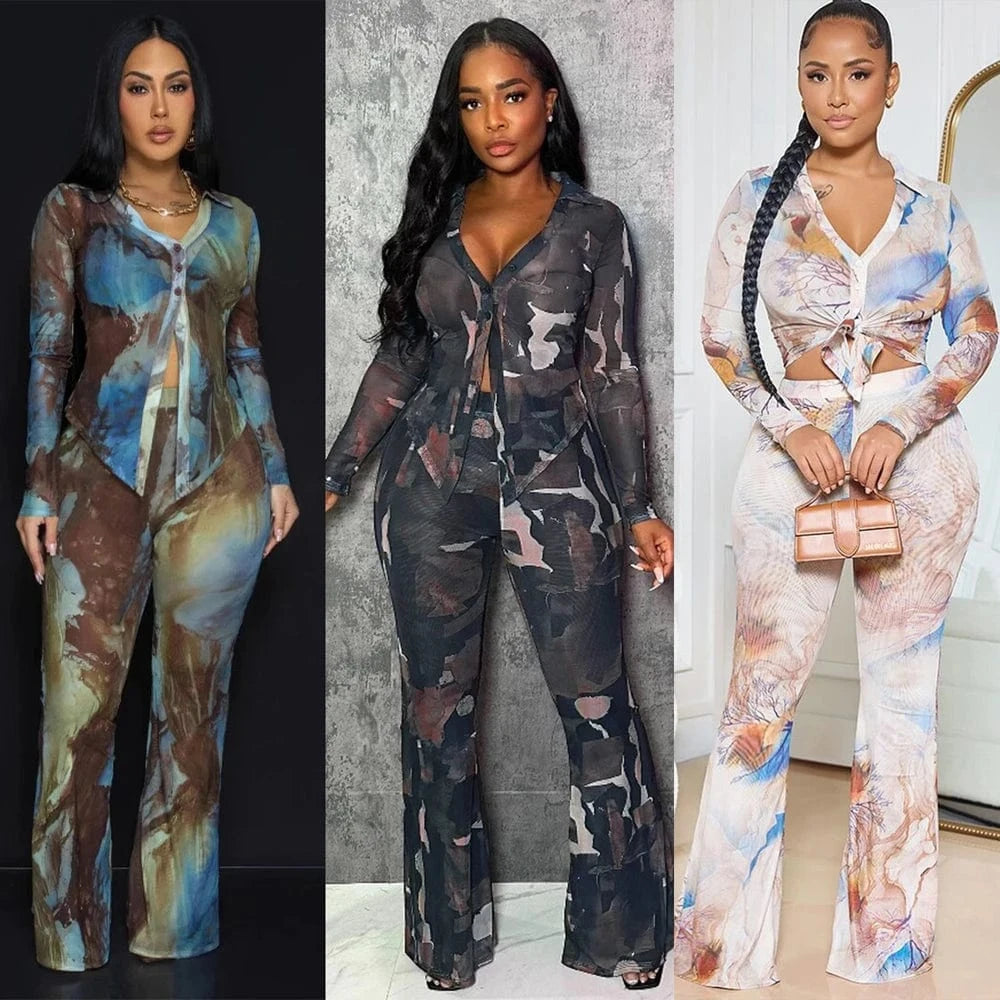 Spring Summer 2025 Women Clothing Mesh Tie Dye Print Long Sleeve Lace-up Shirts and Flared Pants Suit Women's Casual 2 Piece Set