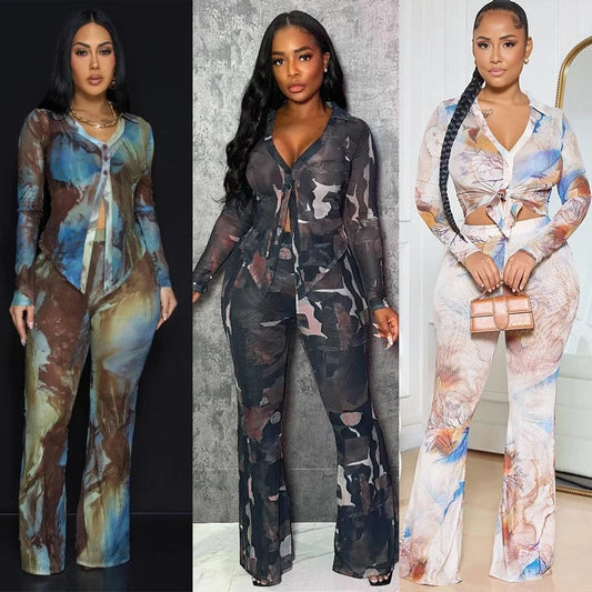 Spring Summer 2025 Women Clothing Mesh Tie Dye Print Long Sleeve Lace-up Shirts and Flared Pants Suit Women's Casual 2 Piece Set
