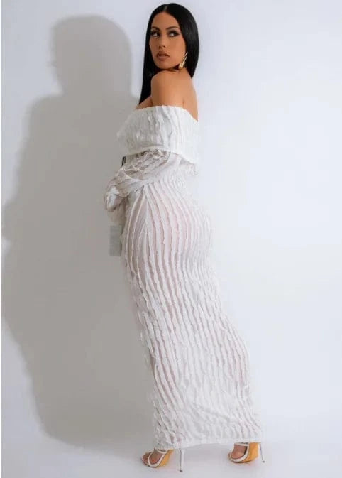 Spring Summer Casual Dresses For Women 2024 Off Shoulder Long Sleeve Bodycon Maxi Dress Elegant Ladies Sexy Ruffle Long Dress