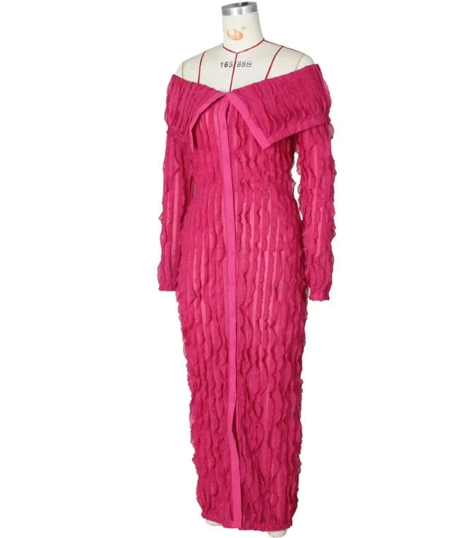 Spring Summer Casual Dresses For Women 2024 Off Shoulder Long Sleeve Bodycon Maxi Dress Elegant Ladies Sexy Ruffle Long Dress