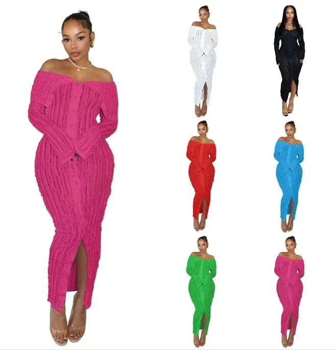 Spring Summer Casual Dresses For Women 2024 Off Shoulder Long Sleeve Bodycon Maxi Dress Elegant Ladies Sexy Ruffle Long Dress