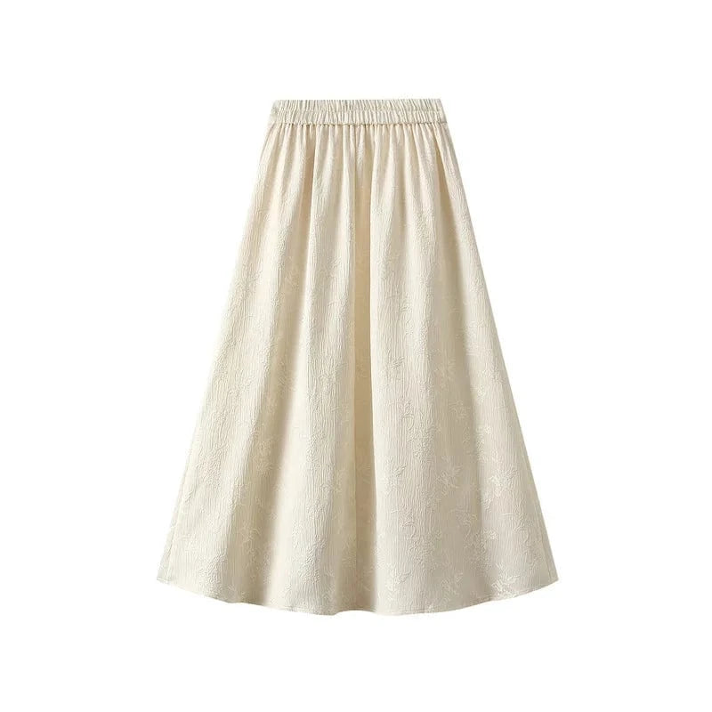 Spring Summer Chinese Style Elegant Midi Skirt Women Jacquard Vintage Black Pockets A-line Skirts Big Hem High Waist Pink Faldas