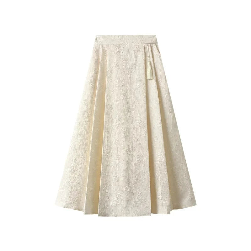 Spring Summer Chinese Style Elegant Midi Skirt Women Jacquard Vintage Black Pockets A-line Skirts Big Hem High Waist Pink Faldas