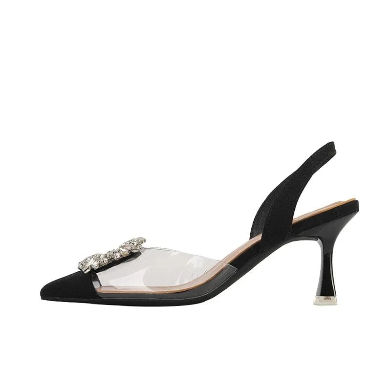 Spring Summer Elegant Ladies Transparent Wrap-toe Rhinestone Square Buckle High Heel Stilettos Sandals For Women
