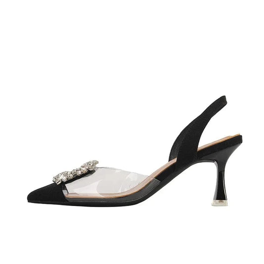 Spring Summer Elegant Ladies Transparent Wrap-toe Rhinestone Square Buckle High Heel Stilettos Sandals For Women