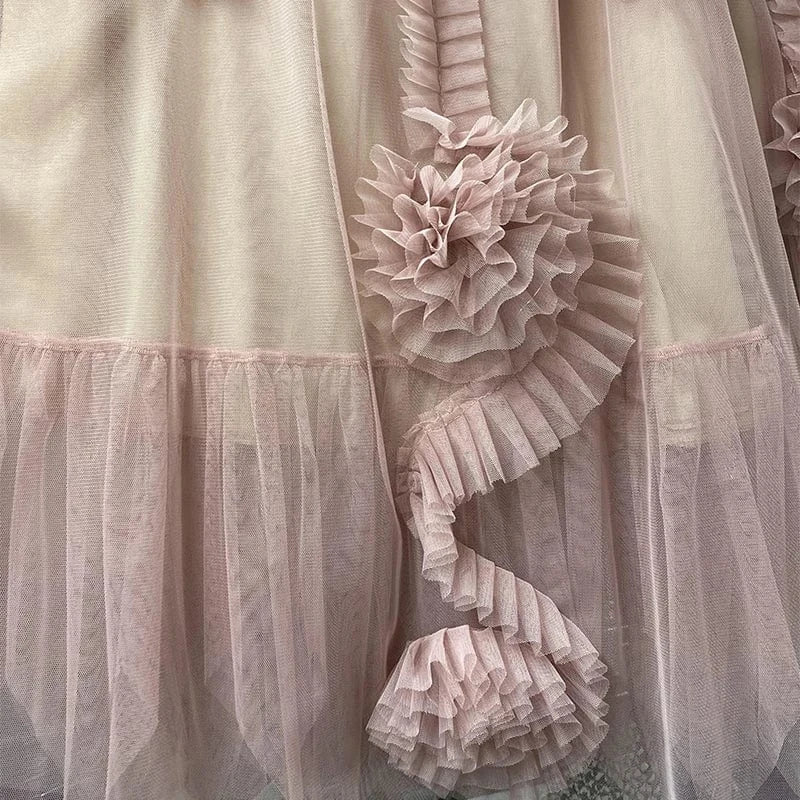 Spring Summer Hot Sale Floral Patchwork Mesh Skirts for Women Luxury French Ball Gown Tutu Tulle Skirt Princess Fairy Faldas