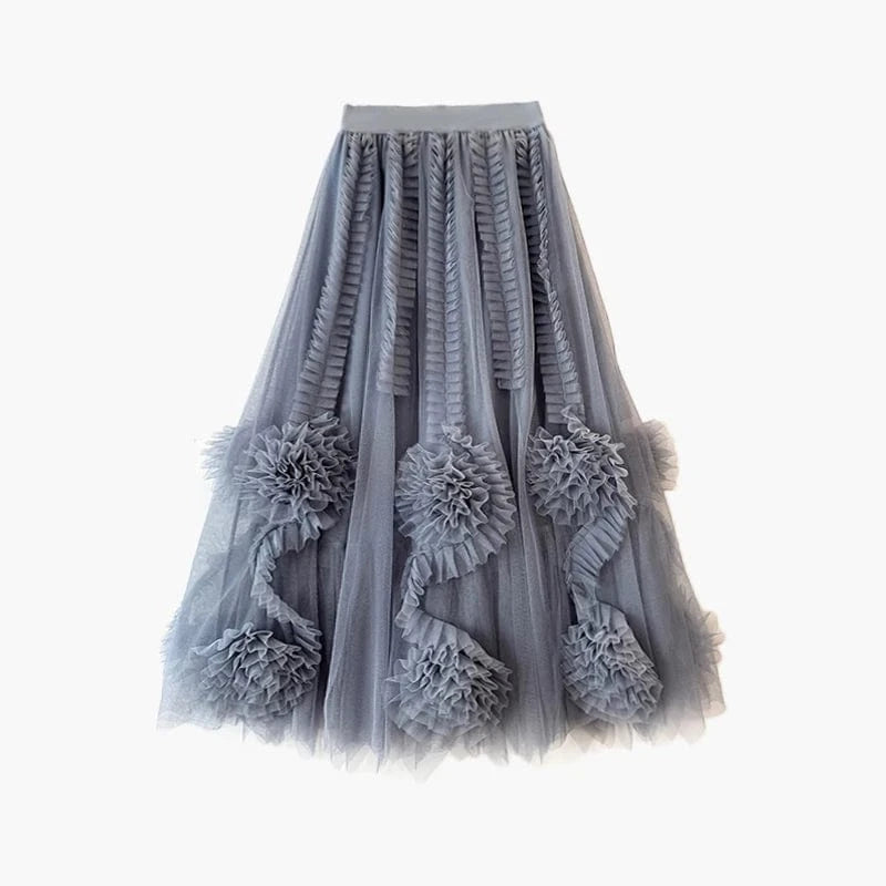 Spring Summer Hot Sale Floral Patchwork Mesh Skirts for Women Luxury French Ball Gown Tutu Tulle Skirt Princess Fairy Faldas