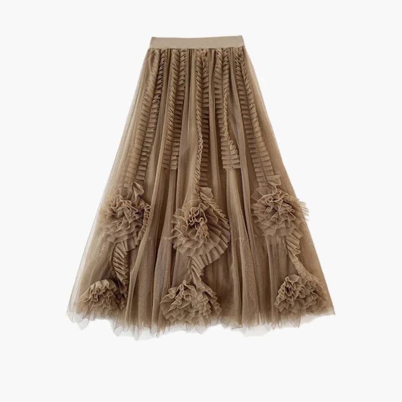 Spring Summer Hot Sale Floral Patchwork Mesh Skirts for Women Luxury French Ball Gown Tutu Tulle Skirt Princess Fairy Faldas