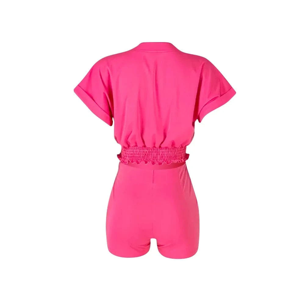 Spring Summer Women' Clothing Fashion Tight Waist Crop Top+Zipper Shorts Short Sleeve Button Top 2 Piece Set