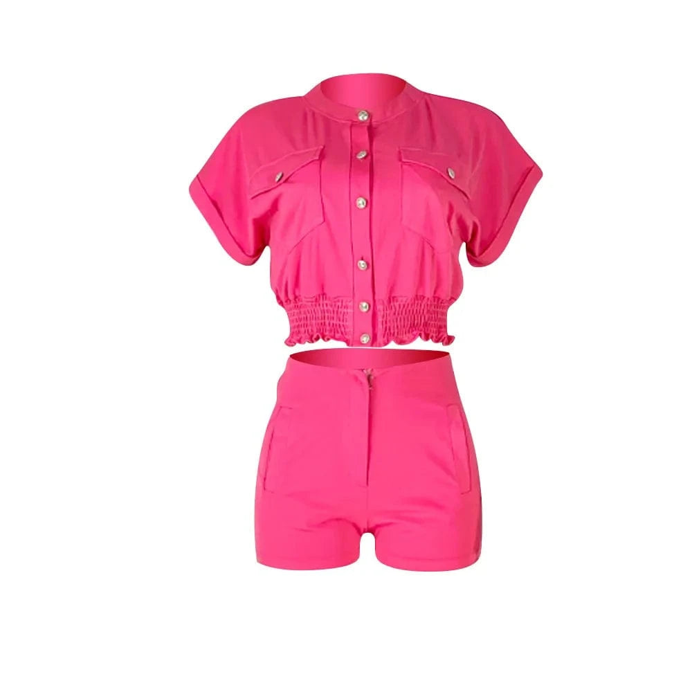 Spring Summer Women' Clothing Fashion Tight Waist Crop Top+Zipper Shorts Short Sleeve Button Top 2 Piece Set