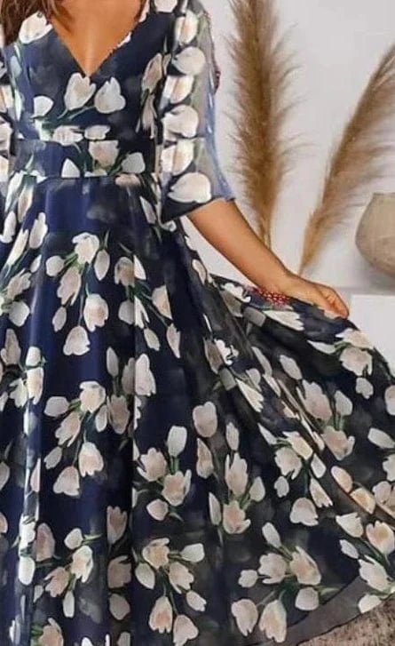 Spring Summer Women's Clothing New Casual V-neck Half Sleeve Floral Flower Dress