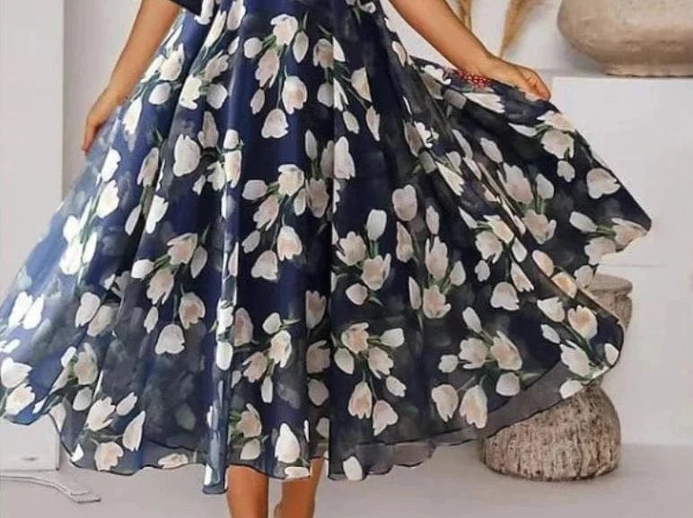 Spring Summer Women's Clothing New Casual V-neck Half Sleeve Floral Flower Dress